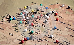 The map is marked with pins of various colors