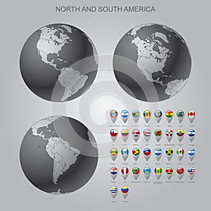 Map marker with flags North and South America with globe set