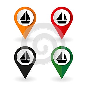 Map marker with icon of a yacht vector illustration, set of colorful flat design buttons for web design and mobile apps