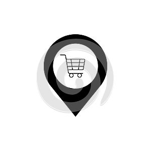 Map marker with Shopping cart icon, map pin, GPS location symbol, vector illustration