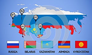 Map of the member states of the Eurasian Economic Union. Flags and abbreviations Russia, Belarus, Kazakhstan, Armenia and photo