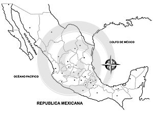 Map of the Mexican Republic or Mexico with political division and points where the capital of each state is