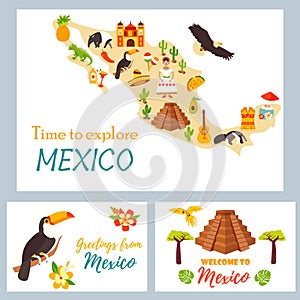 Map of Mexico with destinations, animals landmarks