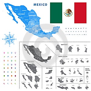 Map of Mexico regions represents a general outline of a states ciudades.