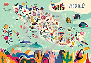 Map of Mexico with traditional symbols and decorative elements.