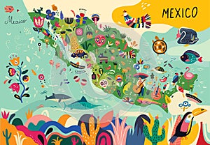 Map of Mexico with traditional symbols photo