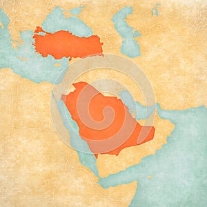 Map of Middle East - Saudi Arabia and Turkey