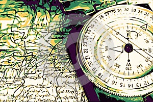 Map with military Compass on green color