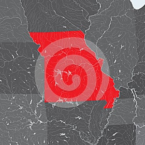 Map of Missouri with lakes and rivers.