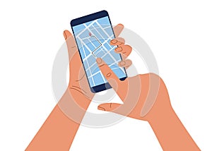 Map on mobile phone. GPS navigator. Human hands holding and Using Mobile Phone. GPS navigation location showing on