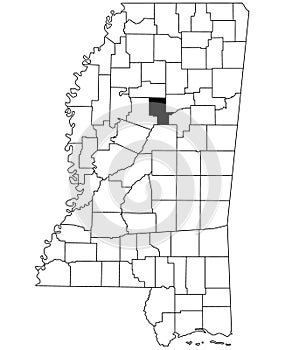 Map of Montgomery County in Mississippi state on white background. single County map highlighted by black colour on Mississippi
