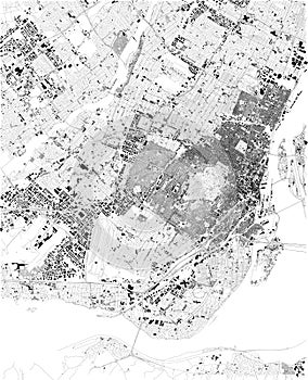 Map of Montreal, satellite view, black and white map. Canada