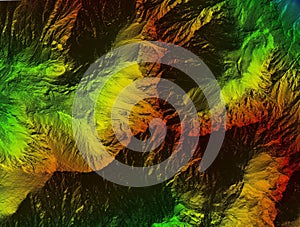 Map of a mountain peaks and tops with coloured geospatial data for GIS usage