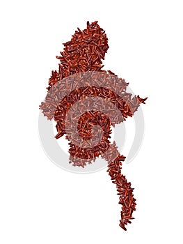 Map of Myanmar made with red rice grains on a white isolated background.