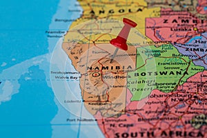 Map of Namibia with a red pushpin stuck