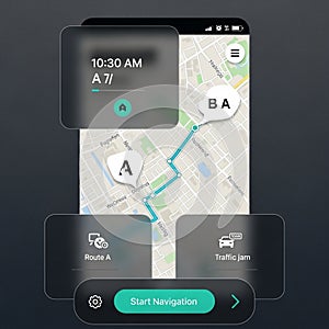 Map navigation app interface on a smartphone screen showing route between points