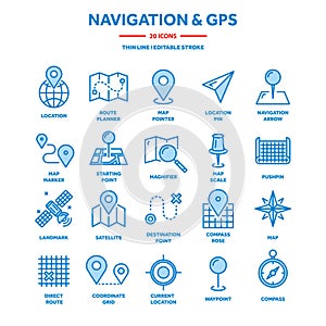 Map and navigation. GPS coordinates. Location icons. Line art.