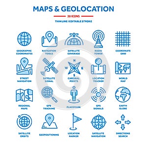 Map and navigation. GPS coordinates. Location icons. Line art.