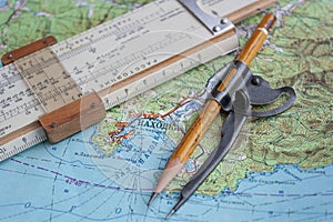 Map and navigational instruments for laying the way