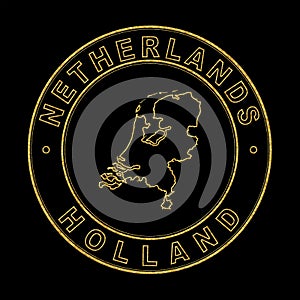 Map of Netherlands, Golden Stamp Black Background