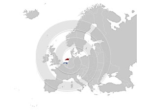 Map of Netherlands with national flag on gray map of Europe