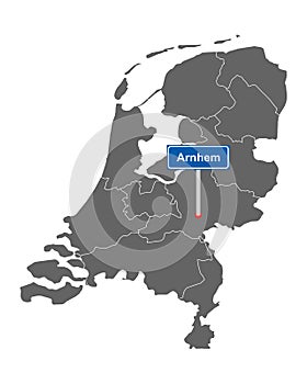 Map of the Netherlands with road sign Arnhem