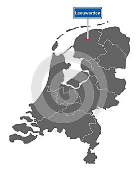 Map of the Netherlands with road sign Leeuwarden