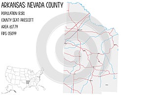 Map of Nevada County in Arkansas, USA.