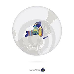 Map of New York State and flag in a circle