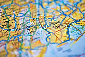 Map of New York State, USA. Shallow focus on New York City