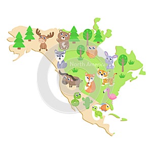 Map of North America with cartoon animals. Flat design.