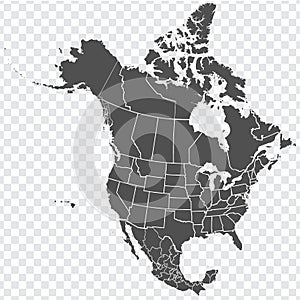 Map of North America. Detailed map of North America with States of the USA and Provinces of Canada and all Mexican States. Templat