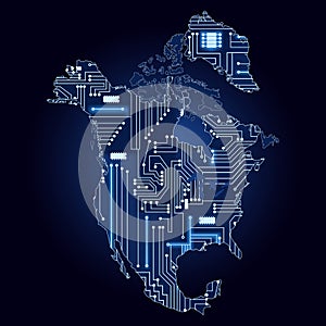 Map of North America with electronic circuit