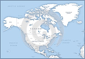 Map of North America with names of countries, capitals and cities