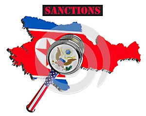 Map of North Korea. United States sanctions against to North Korea. Judge hammer United States of America, flag and emblem. 3d ill