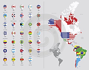 Map of North and South America. Flags of the Americas