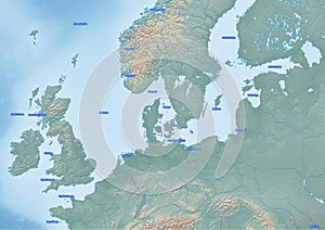 Map of Northwest Europe continent Illustration with the ocean and seas