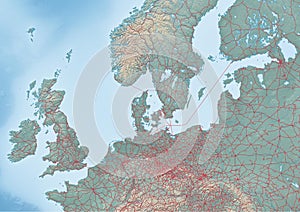 Map of Northwest Europe continent Illustration with the Railroads