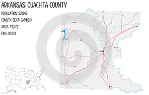 Map of Ouachita County in Arkansas, USA.