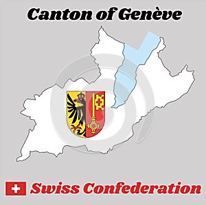 Map outline and Coat of arms of Geneva, The canton of Switzerland with name text Canton of Geneve.