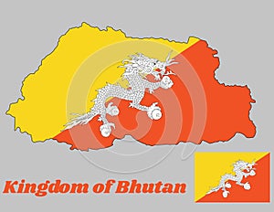 Map outline and flag of Bhutan, triangle yellow and orange, with a white dragon holding four jewels in its claws centered.