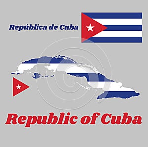 Map outline and flag of Cuba, Five horizontal stripes of blue and white with the red equilateral triangle bearing the white star.