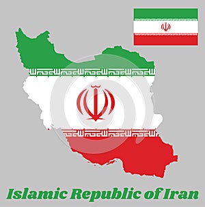 Map outline and flag of Iran, a orizontal tricolor of green, white and red with the National Emblem in red centre and the Takbir.