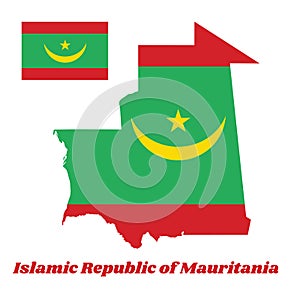 Map outline and flag of Mauritania, Two red stripes flanking a green field; charged with a golden upward-pointed crescent and star