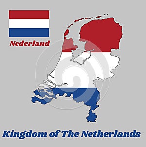 Map outline and flag of Nederland, it is a horizontal tricolor of red, white, and blue.