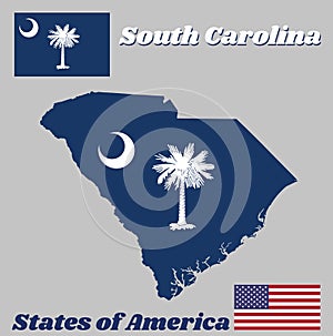 Map outline and flag of South Carolina, White palmetto tree on an indigo field. The canton contains a white crescent.