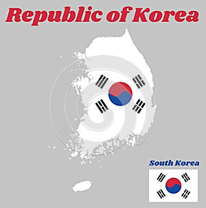 Map outline and flag of South Korea, a red and blue Taeguk, symbolizing balance on white and black line.