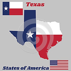 Map outline and flag of Texas, blue containing a single centered white star into a white and red bar.