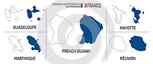 Map of overseas departments and regions of France. High detailed vector outline and blue silhouette. France flag. English labeling