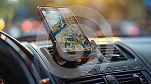 The map on the phone in the background of the dashboard and street . Mobile phone with map gps navigation fixed in the